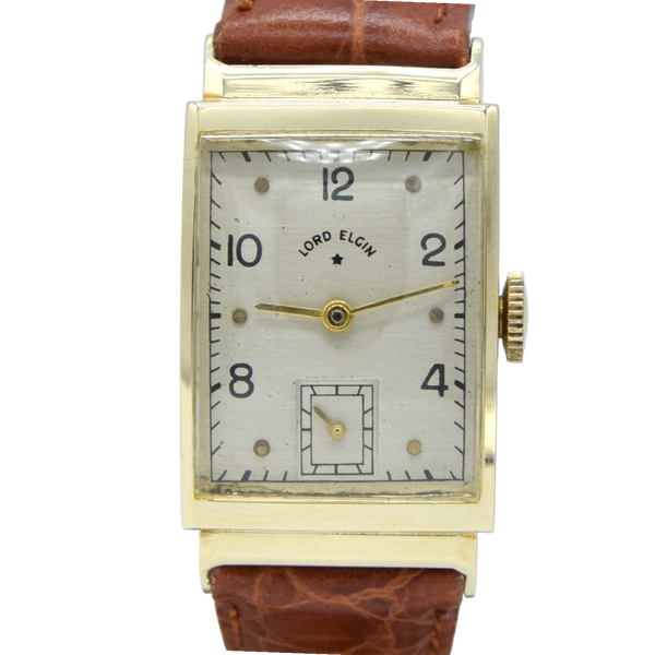 1940 Lord Elgin High Grade Wadsworth Deco Rectangular Wristwatch with Arabic Numerals in Solid 14ct Gold