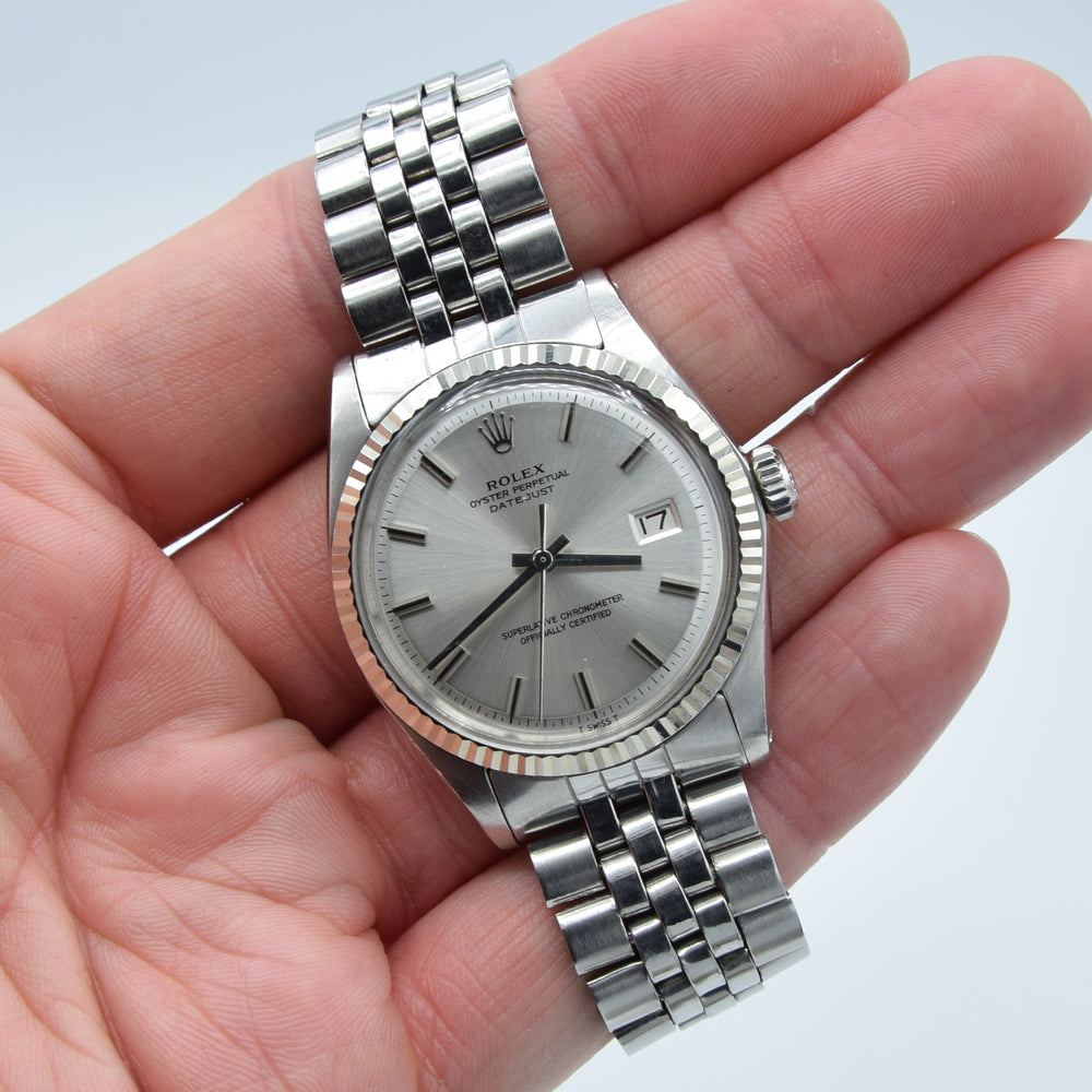 1970 Sharp Rolex Oyster Perpetual Datejust with White Gold Fluted Bezel "No Lume" Model 1601 in Stainless Steel on Jubilee Bracelet