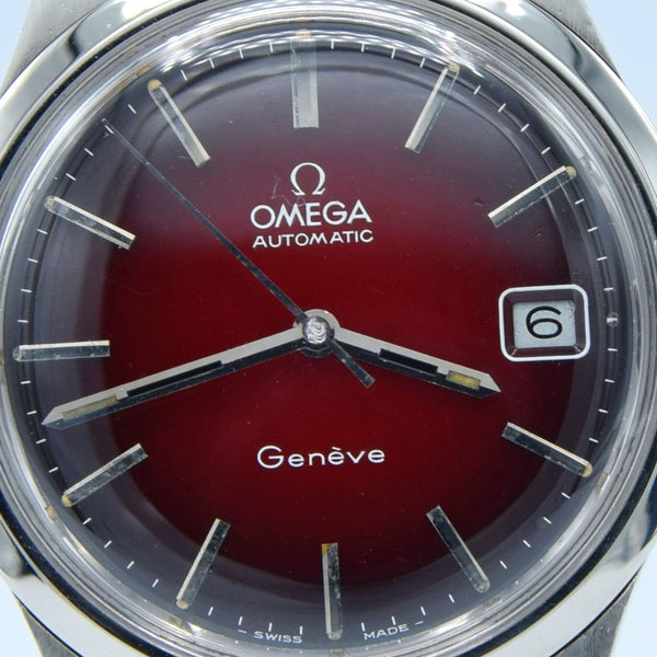 1975 Omega Genève Automatic Date Stainless Steel  bracelet watch Model 166.0173 with Original 'Fume Red' Dial
