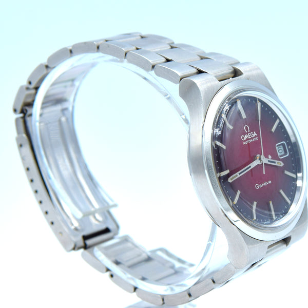 1975 Omega Genève Automatic Date Stainless Steel  bracelet watch Model 166.0173 with Original 'Fume Red' Dial