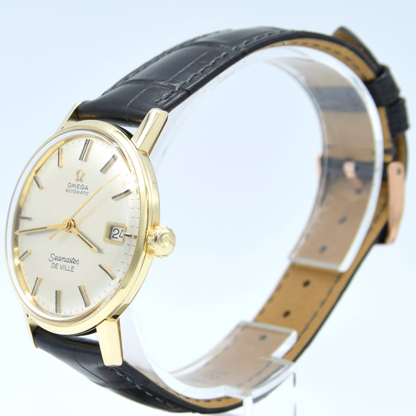 (RESERVED)1963 Omega Automatic Seamaster De Ville Date Model 166.020 in Solid 14ct Gold with omega box with Box