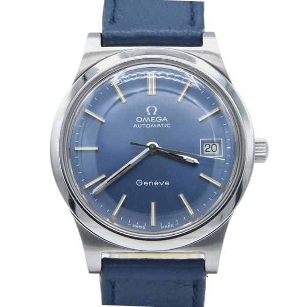 1972 Omega Genève Automatic Date in Stainless Steel Model 166.0168 with Original Omega blue dial
