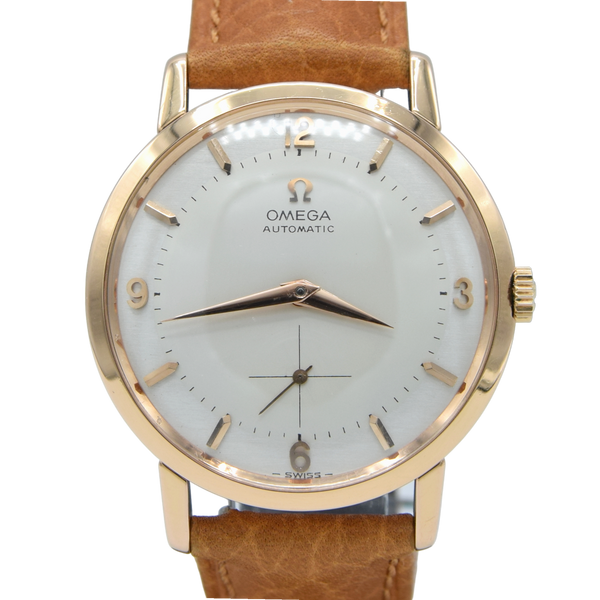 1958 Elegant Omega Automatic Dress Watch with stunning two tone Dial Model 2897 in 18k pink gold