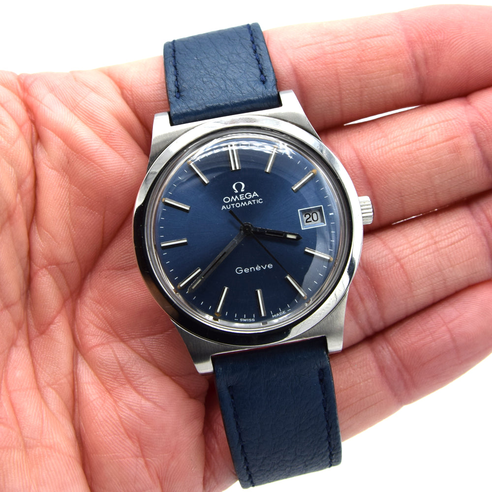 1972 Omega Genève Automatic Date in Stainless Steel Model 166.0168 with Original Omega blue dial
