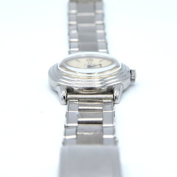 1934 Rare Omega Calatrava style stepped bezel watch in Stainless Steel on period Bracelet