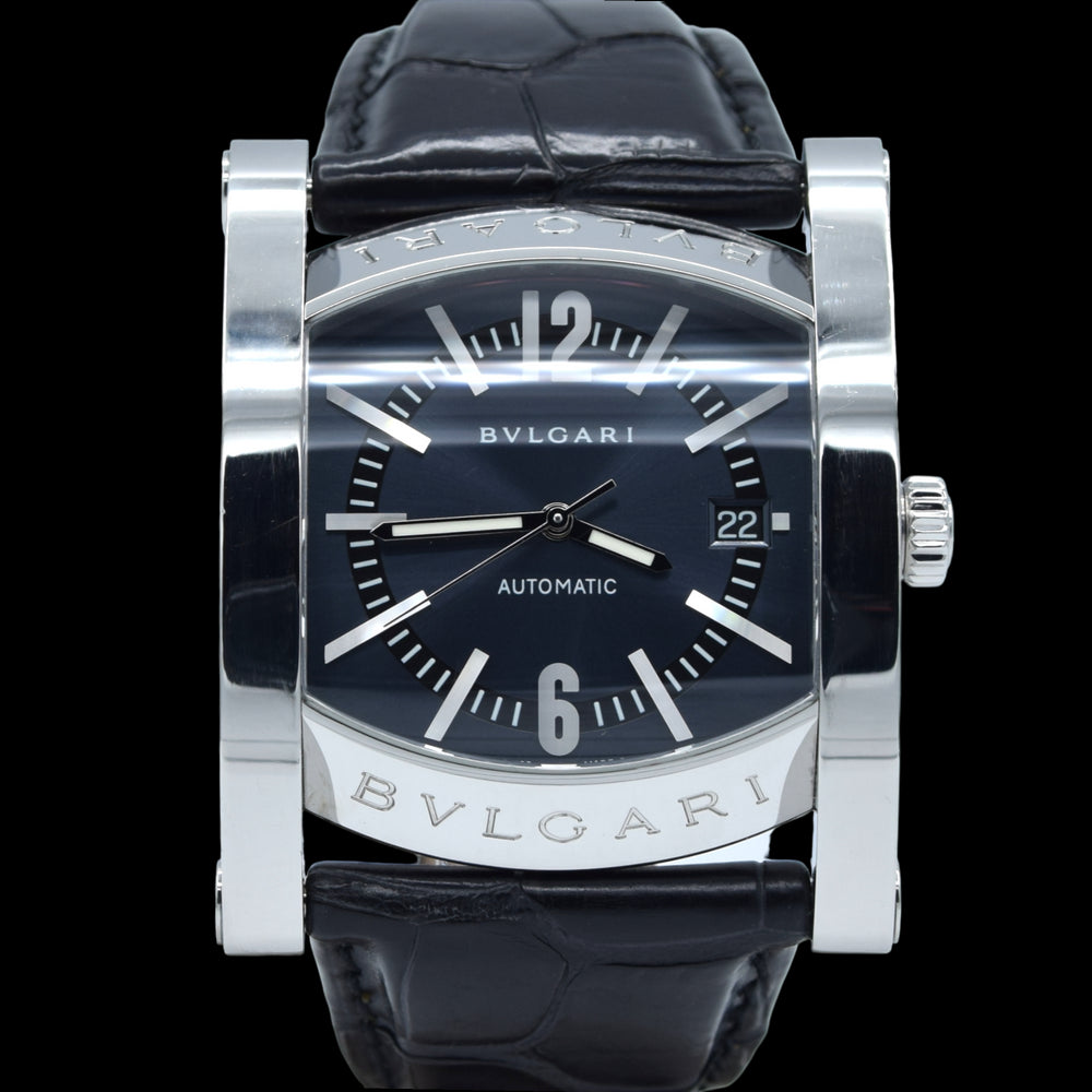 Bvlgari Assioma in Steel on Black Alligator Leather Strap with Blue Dial AA48S box & papers