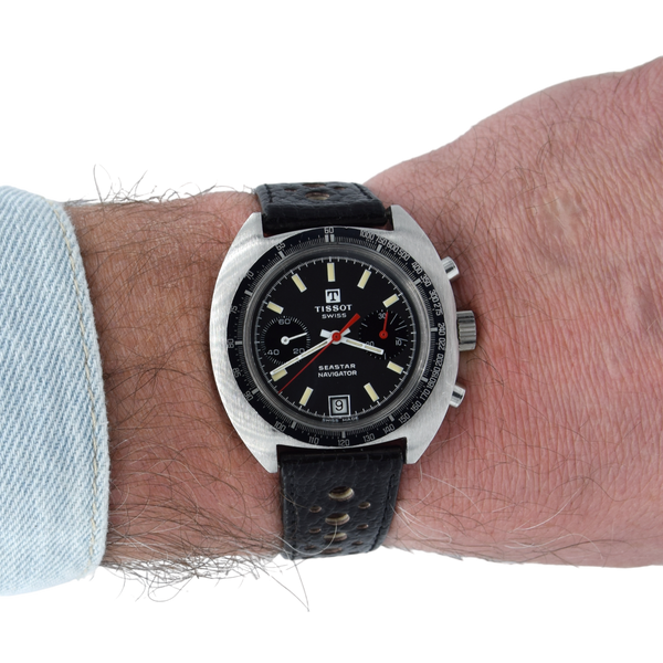 1974 Tissot Seastar Navigator Chronograph Wristwatch Model 40522 in Stainless Steel with Stunning Graphite grey Dial