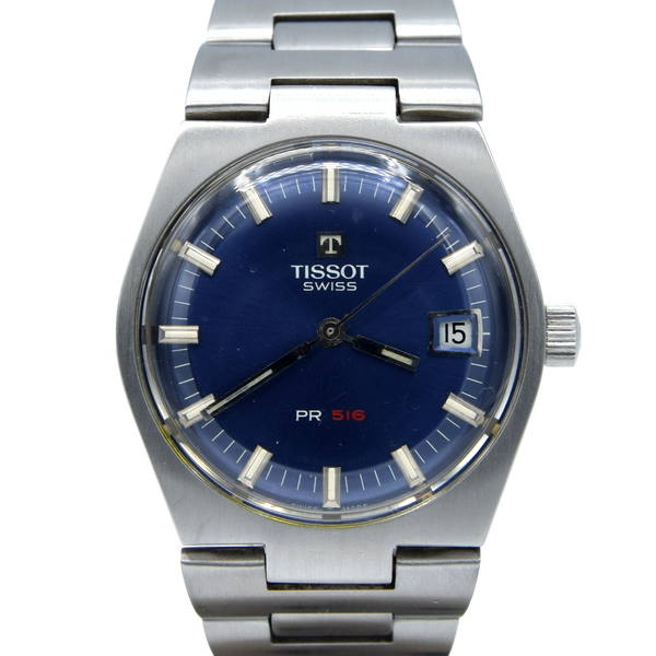 1972 Tissot PR516 Date Wristwatch Model 42630 in Stainless Steel with beautiful satin Blue Dial