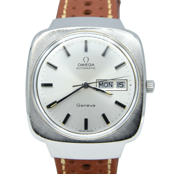 1975 Omega Genève Automatic Large Day/Date Model 166.0170 with Silvered Dial in Stainless Steel with Hooded Lugs