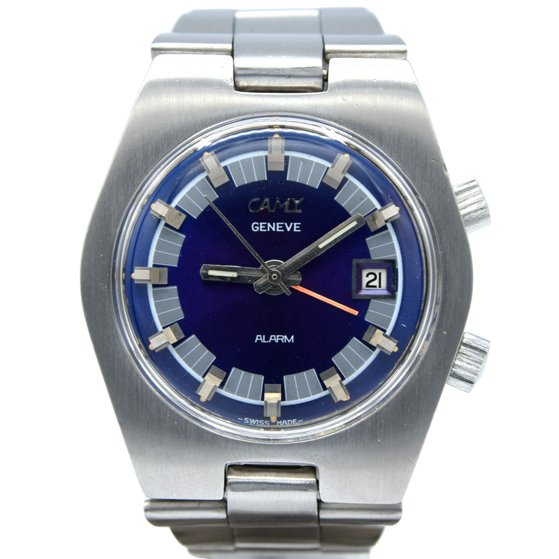 1970s Camy Geneve Alarm Date Model 7809 with Blue Dial in