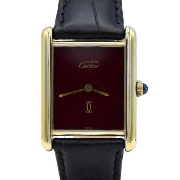 1970s Cartier Tank Mechanical Manual Wind with Gloss Burgundy Dial in 925 case with buckle