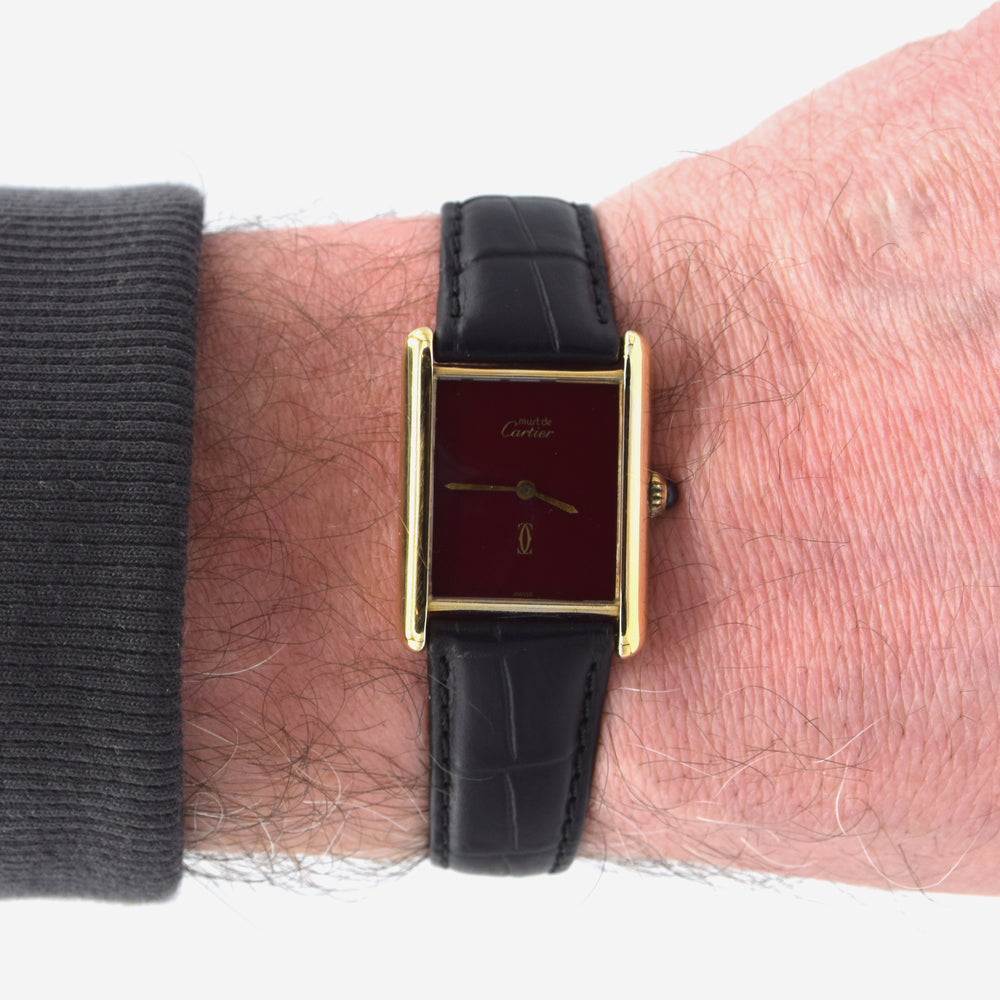 1970s Cartier Tank Mechanical Manual Wind with Gloss Burgundy Dial in 925 case with buckle