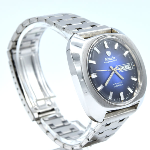 1970s Nivada Compensamatic Fumé blue Day Date automatic watch in Stainless Steel on Bracelet