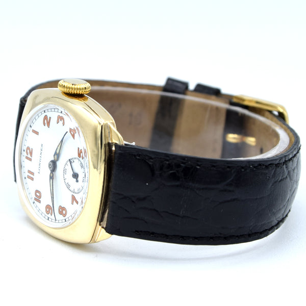 1942 Classic elegant Longines solid 9ct gold cushion Watch with Enamel Dial and Arabic Numerals