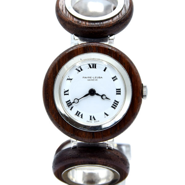 1970s Rare and Fantastic ladies Favre-Leuba NOS unused 'Wood Watch' in silver and wood