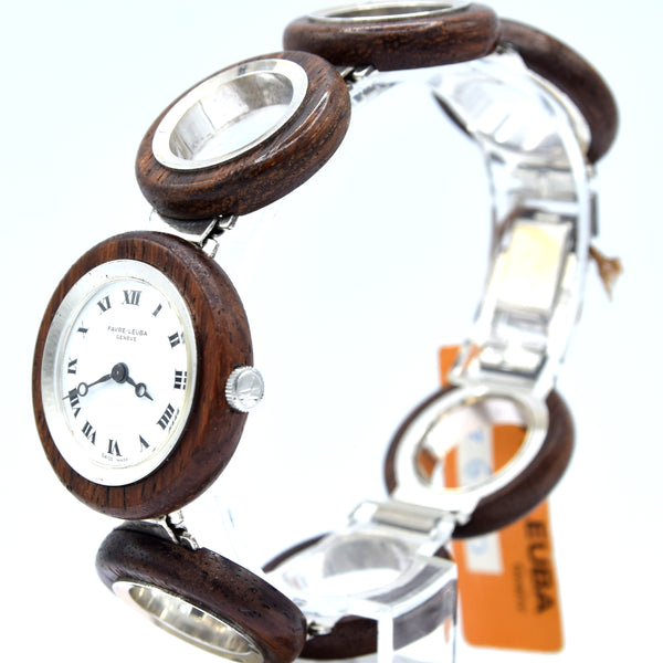 1970s Rare and Fantastic ladies Favre-Leuba NOS unused 'Wood Watch' in silver and wood