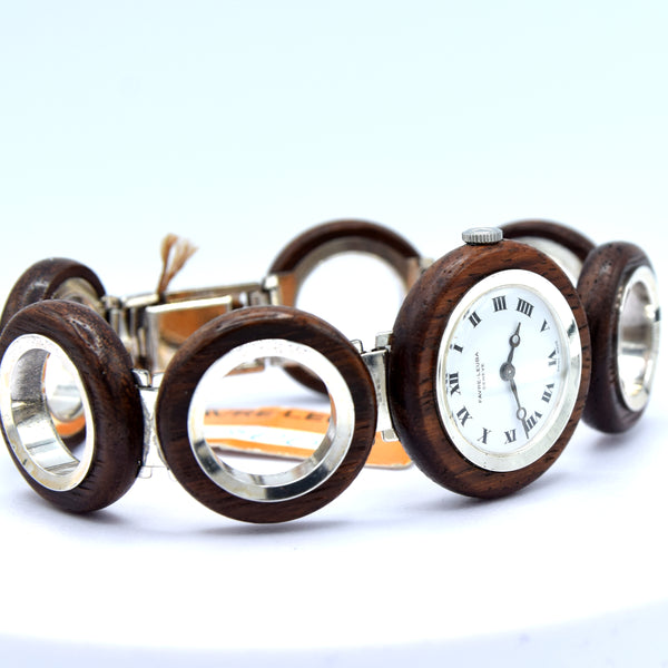 1970s Rare and Fantastic ladies Favre-Leuba NOS unused 'Wood Watch' in silver and wood