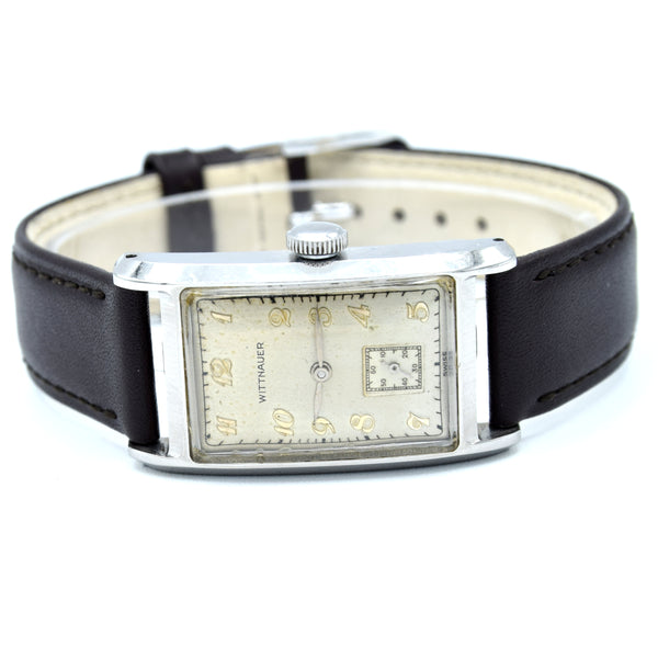 1940s Wittnauer Large steel Rectangular Early moisure resistant Wristwatch with Arabic dial