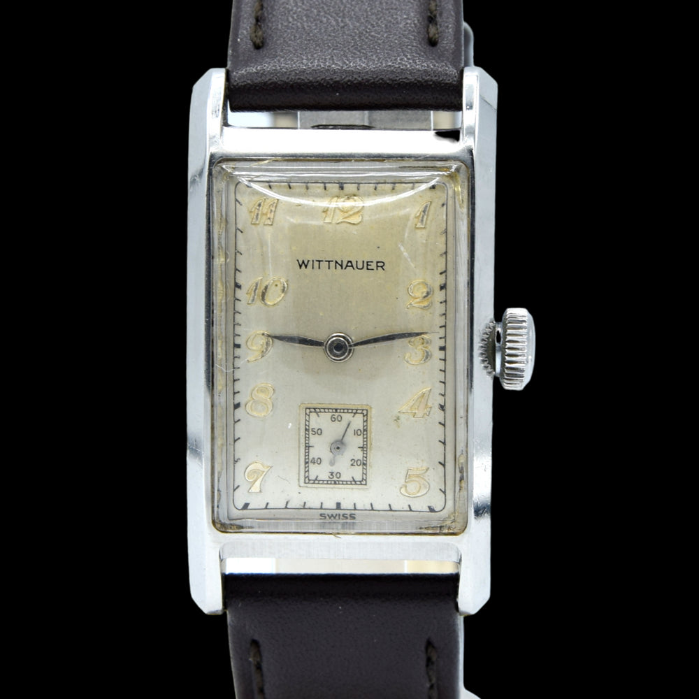 1940s Wittnauer Large steel Rectangular Early moisure resistant Wristwatch with Arabic dial