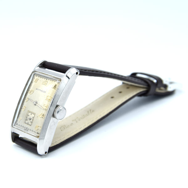 1940s Wittnauer Large steel Rectangular Early moisure resistant Wristwatch with Arabic dial