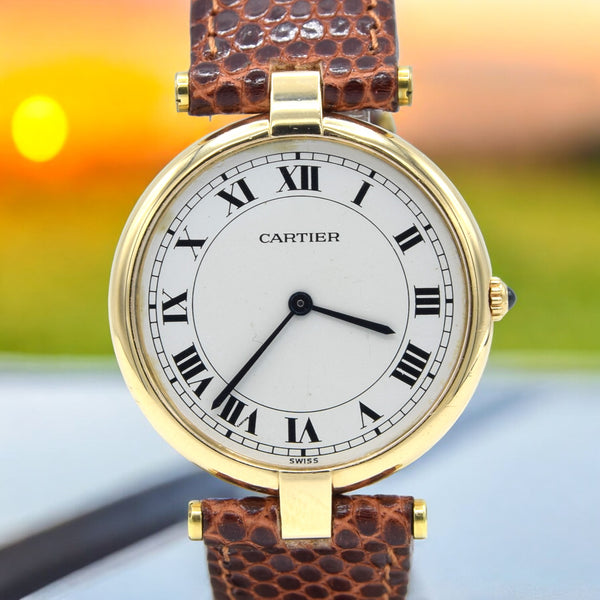 1990s Cartier 'Must de' solid 18k Yellow gold Unisex 881001 with Roman Numeral white dial Vendôme Lugs