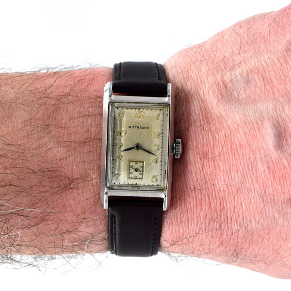 1940s Wittnauer Large steel Rectangular Early moisure resistant Wristwatch with Arabic dial