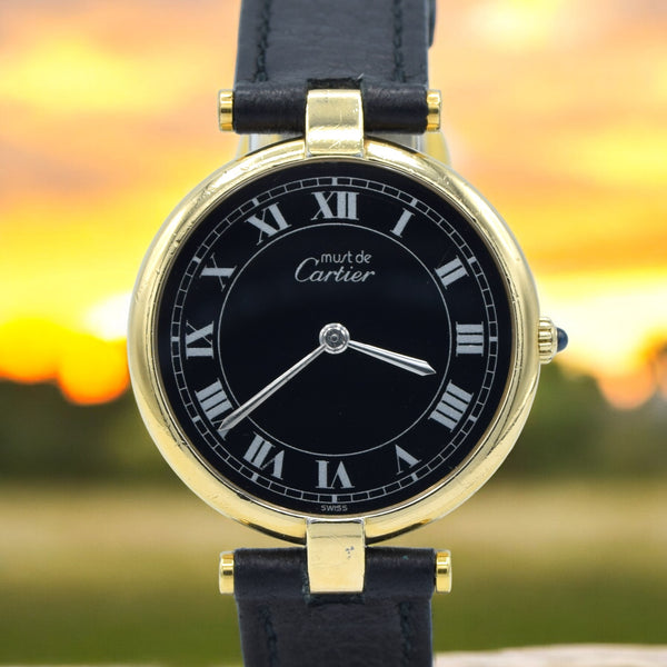 1990s Rare Black Roman Numeral Dial Unisex Cartier 'Must de' Vendôme in 925 Sterling Silver Gilt Vermeil Case