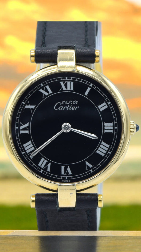 1990s Rare Black Roman Numeral Dial Unisex Cartier 'Must de' Vendôme in 925 Sterling Silver Gilt Vermeil Case