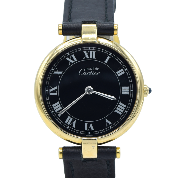 1990s Rare Black Roman Numeral Dial Unisex Cartier 'Must de' Vendôme in 925 Sterling Silver Gilt Vermeil Case