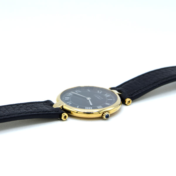 1990s Rare Black Roman Numeral Dial Unisex Cartier 'Must de' Vendôme in 925 Sterling Silver Gilt Vermeil Case