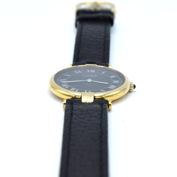 1990s Rare Black Roman Numeral Dial Unisex Cartier 'Must de' Vendôme in 925 Sterling Silver Gilt Vermeil Case