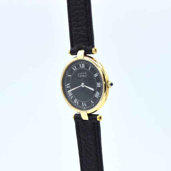 1990s Rare Black Roman Numeral Dial Unisex Cartier 'Must de' Vendôme in 925 Sterling Silver Gilt Vermeil Case