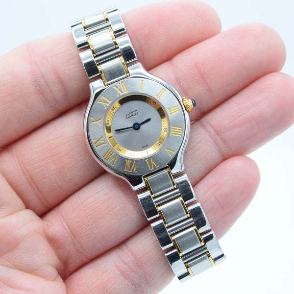 1990s Must De Cartier 21 Ladies Swiss Quartz Wristwatch in Gold and Steel on Bracelet Model 1340 With Original Box and Books