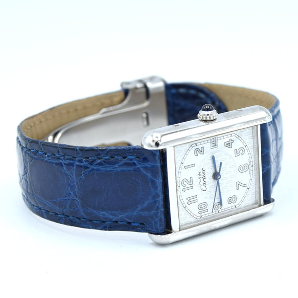 2000s Large Cartier Tank Date with Arabic Numerals Model 2414 in Silver with Deployment Clasp, Box and Books