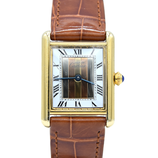 1990s Cartier Must De Tank with Rare "Trinity" Tri-Colour Dial in Vermeil 925 Sterling Silver Gilt with Box