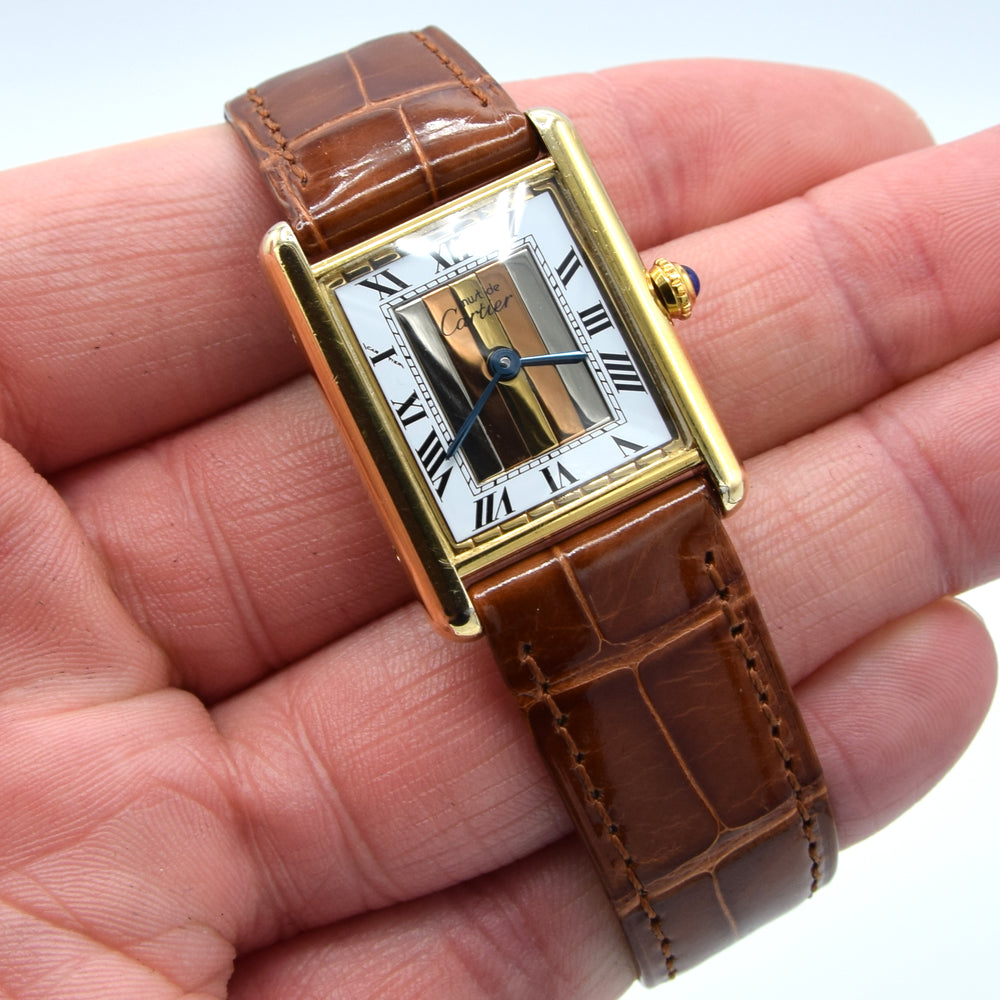1990s Cartier Must De Tank with Rare "Trinity" Tri-Colour Dial in Vermeil 925 Sterling Silver Gilt with Box