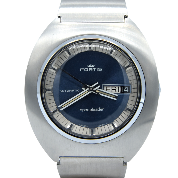 1970s Fortis blue Day Date automatic "Spaceleader" watch in Stainless Steel on Bracelet