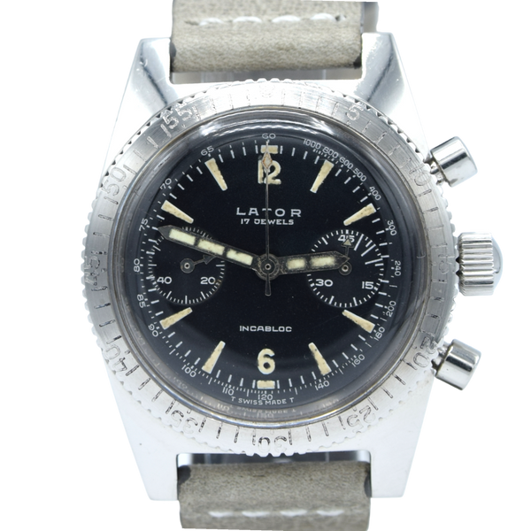 Products 1960s Rare Lator Chronograph Dive style Watch with Black Dial in Stainless Steel Case