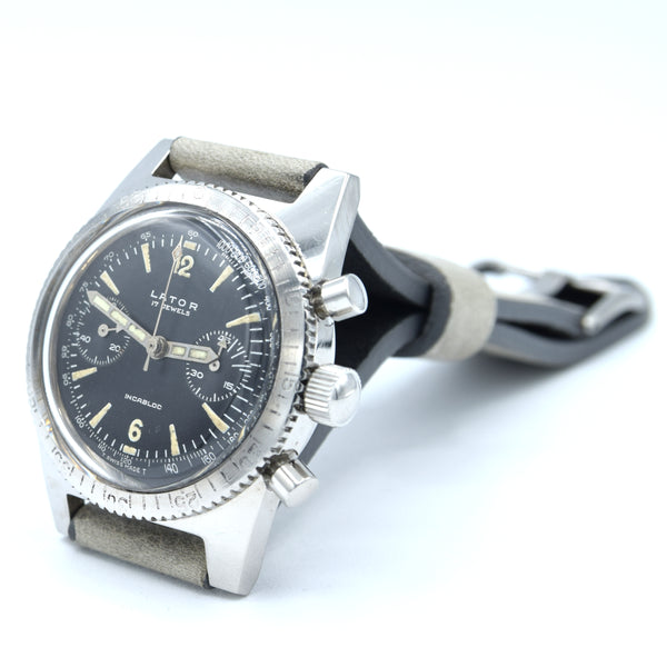 1960s Rare Lator Chronograph Dive Style Watch with Black Dial in Stainless Steel Case