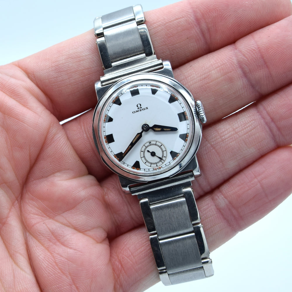 1934 Rare Omega Foibos CK 785 with Deco Enamelled Dial in Stainless Steel on Period Swiss Bracelet