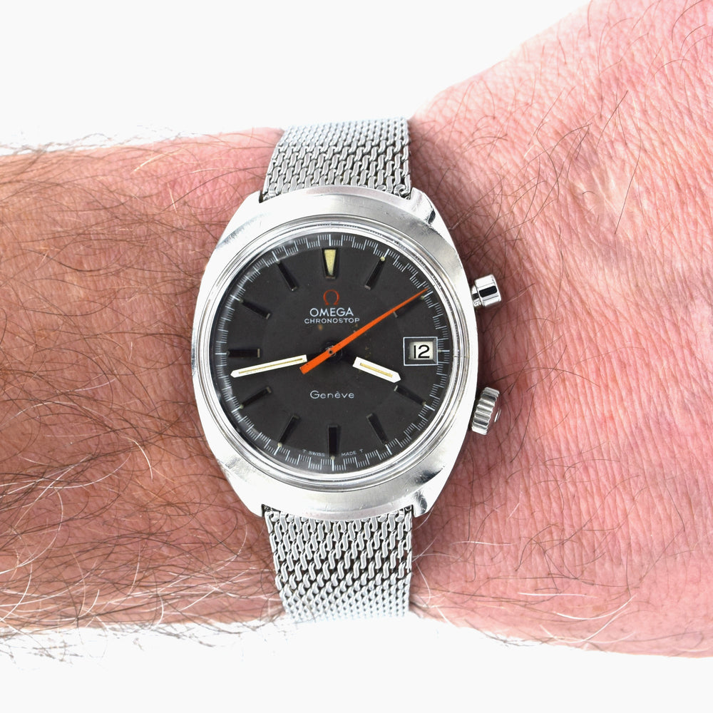 1969 Omega Chronostop Genéve Date Model 146.009 with Grey Dial in Stainless Steel on omega mesh bracelet