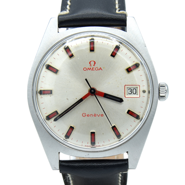 1969 Omega Geneve Date Model 136.041 Manual Wind with rare Red baton and hand markers