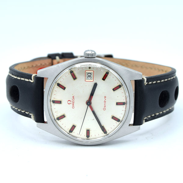 1969 Omega Geneve Date Model 136.041 Manual Wind with rare Red baton and hand markers