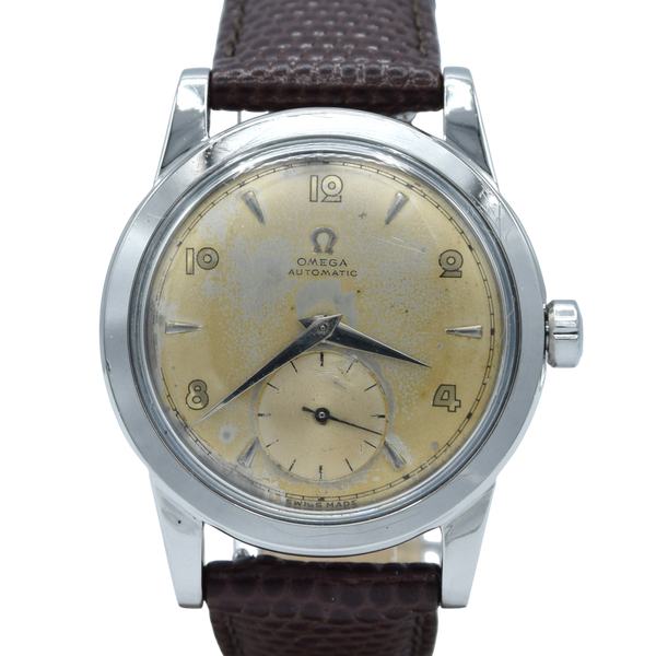 1950 Omega Automatic Bumper with Deco Arabic & Spearhead markers Model 2576 in Stainless Steel