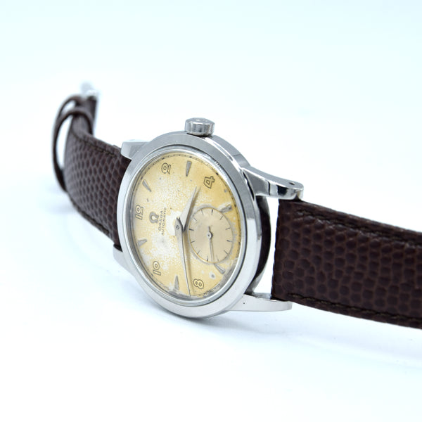 1950 Omega Automatic Bumper with Deco Arabic & Spearhead markers Model 2576 in Stainless Steel