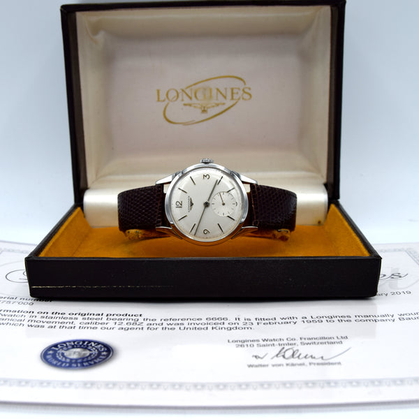 1959 Longines classic Dress Watch with Mixed line and Arabic Numerals Model 6666 with Archive extract