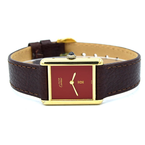 1970s Cartier Tank Mechanical with Laquer 'Ox Blood' Burgundy Dial in 925 case + Buckle & Box