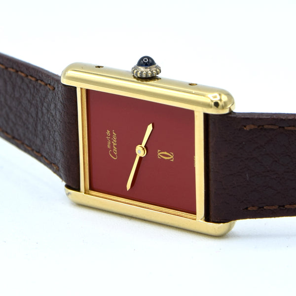 1970s Cartier Tank Mechanical with Laquer 'Ox Blood' Burgundy Dial in 925 case + Buckle & Box