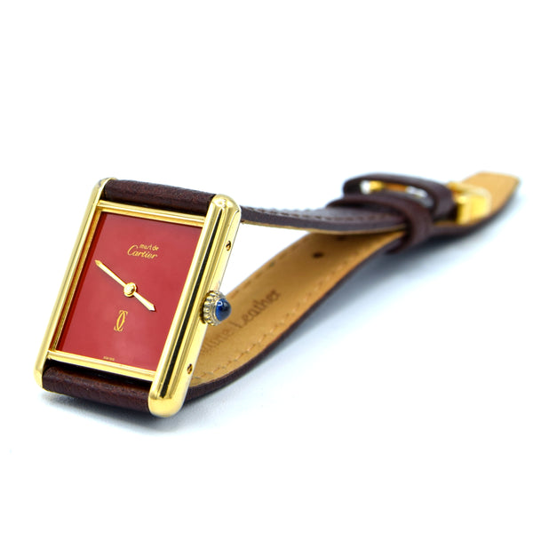 1970s Cartier Tank Mechanical with Laquer 'Ox Blood' Burgundy Dial in 925 case + Buckle & Box