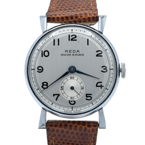 1940s New old stock unused Reda swiss 35mm wristwatch with fancy lugs on leather